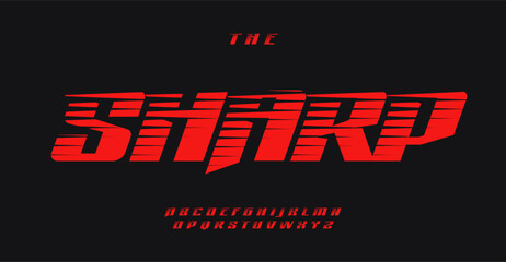 Dynamic sports alphabet with edgy cutout lines. Sharp angled font for racing logo, fast action, competitive race. Modern typographic design. Vector typeface.