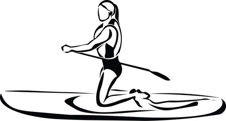 Cartoon Black and White Isolated Illustration Vector Of A Woman Kneeling on A Paddleboard Holding an Oar  - obrazy, fototapety, plakaty