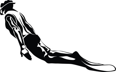 Cartoon Black and White Isolated Illustration Vector Of A Diver Swimming With a Snorkel and Fins