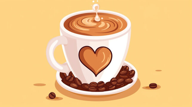 a coffee in a mug with heart latte art illustration cartoons 
