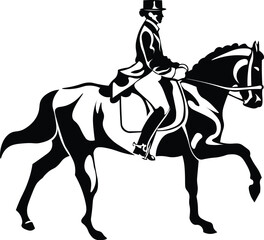 Cartoon Black and White Isolated Illustration Vector Of A Person Riding a Horse Dressage