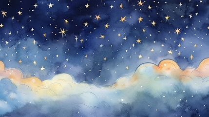 Dark blue night sky with many shiny and sparkling stars and clouds, cute watercolour illustration background.