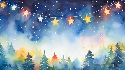 Fototapeta na wymiar Festive Christmas and New Year illustration with winter scenery, pine trees and shiny star lights against evening sky. Cute, childlike holiday greeting card.