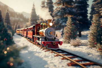 magical Christmas train travels through a snowy landscape among forests and mountains.