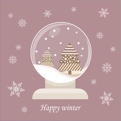 A transparent glass ball with New Year's gingerbread cookies in the shape of a Christmas tree. Vector drawing. Pink delicate color