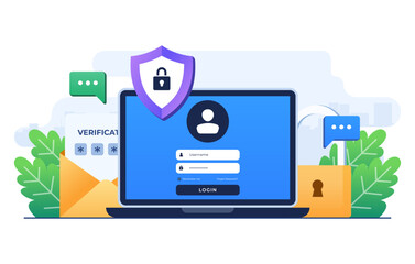 Two-step verification flat illustration vector template, OTP, Authentication password, One-time password for secure website account login, Login page on laptop screen