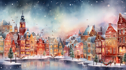 Colouful old town by the lake covered with snow, magical winter night and Christmas feeling, watercolour illustration. - obrazy, fototapety, plakaty