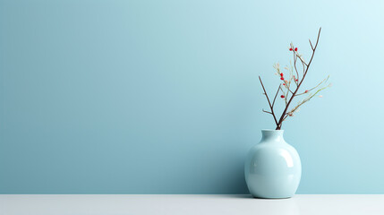 Pot of flowers on a minimalistic blue background. Created with Generative AI