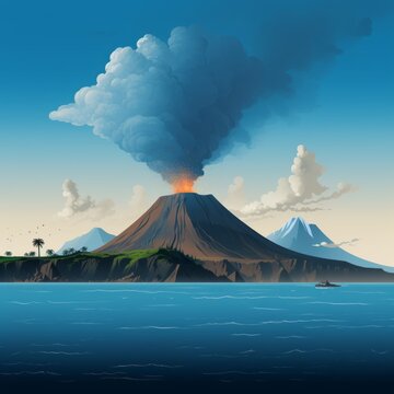 a volcano erupting over a body of water