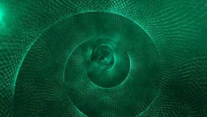 Abstract background in the form of a spiral or tunnel in space. Symmetrically placed dots create a pattern and a rounding. Light glow with green smoke. Rotation. 3d animation for the background - Powered by Adobe