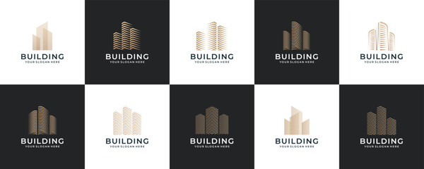 st of building design logos with line style. symbol for construction, apartment and architect.