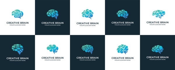 Set of abstract dots and lines brain logotypes concept. Logo for science innovation, machine learning, new technology development, human brain health, start up.