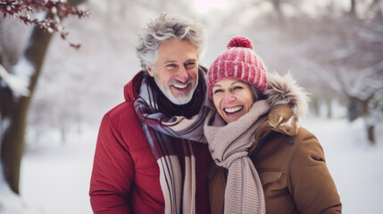 Fototapeta premium Waist up portrait of happy senior couple enjoying walk in winter forest and holding hands