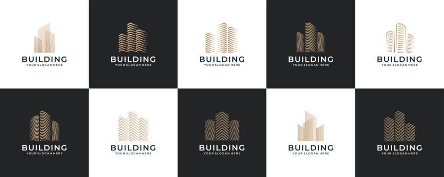 st of building design logos with line style. symbol for construction, apartment and architect.