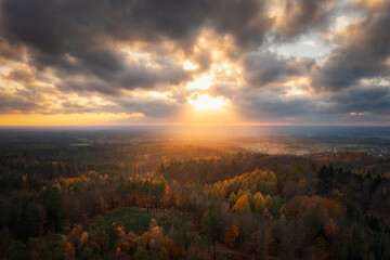 Beautiful landscape of Kashubia in autumn in Wiezyca at sunset, Poland - obrazy, fototapety, plakaty
