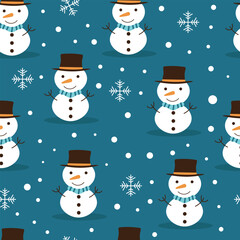 Christmas pattern with cute snowman and snowflakes in cartoon style. New Year vector pattern