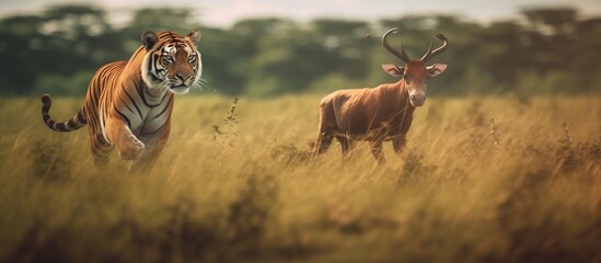 The tiger is chasing a deer in the grassland - obrazy, fototapety, plakaty