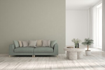 White living room with sofa. Scandinavian interior design. 3D illustration