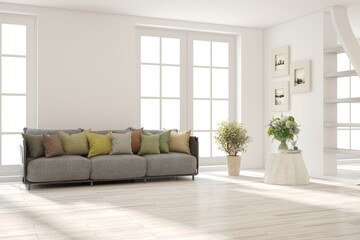 White scandinavian interior design with sofa. 3D illustration