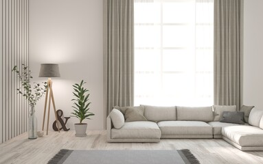White scandinavian interior design with sofa. 3D illustration