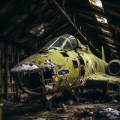 an old green airplane in a building