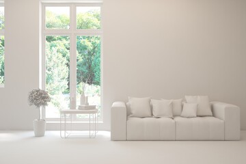Grey living room concept with sofa and summer landscape in window. Scandinavian interior design. 3D illustration