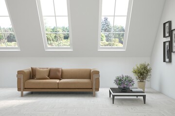 Fototapeta premium Bright interior design with modern furniture and summer landscape in window. 3D illustration