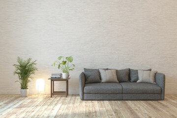 White modern interior design with sofa. Scandinavian interior design. 3D illustration