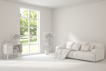 Modern interior concept with sofa and summer landscape in window. 3D illustration