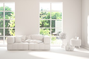 Grey living room concept with sofa and summer landscape in window. Scandinavian interior design. 3D illustration