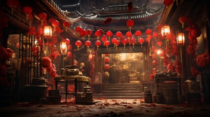 Chinese New Year decorations. Red lanterns - obrazy, fototapety, plakaty