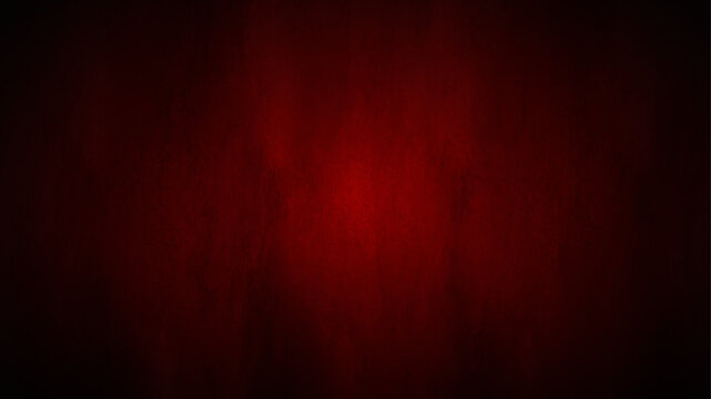 Abstract red backdrop grunge vector background horror style. Red paper with bright center spotlight and black vignette border frame with vintage grunge background texture. Vector illustration.