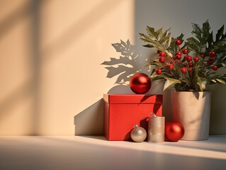 Christmas background minimail style, presents, decorations and a plant. Natural light and shadow