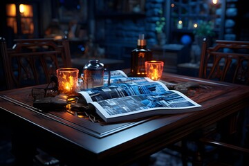 Fototapeta na wymiar Cozy night in a cafe with candles and books. 3d rendering