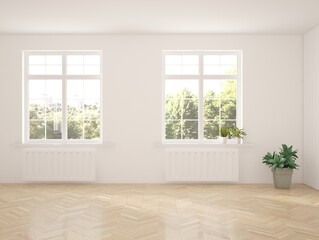 White empty room with summer landscape in window. Scandinavian interior design. 3D illustration