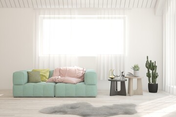 White living room with sofa. Scandinavian interior design. 3D illustration