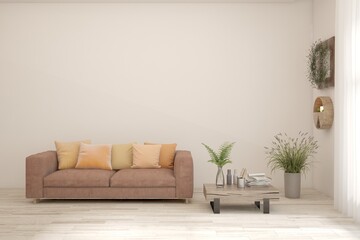 White living room with sofa. Scandinavian interior design. 3D illustration