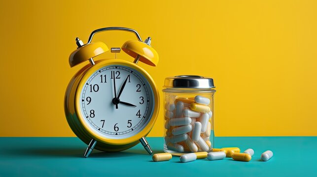 Medicine pill and capsule with alarm clock copy space, Time to take medicine concept