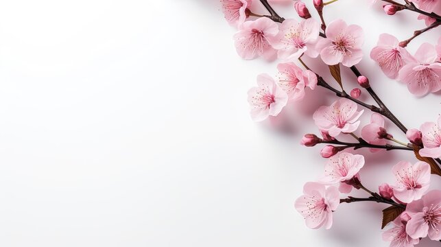 Background of pink cherry blossom flower with white marble background copy space