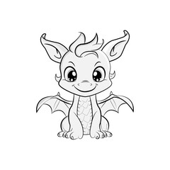 Adorable baby dragon, coloring page for kids, very simple, cartoon style, white background, thick lines