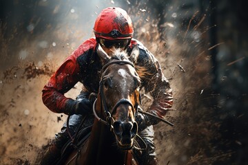 Fototapeta premium Jeździec konny. Jockey na koniu jadącym po torze wyścigowym. 