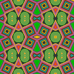 Motley seamless pattern with conceptual design in graphic fantasy style. Contrasting color scheme. Vector illustration