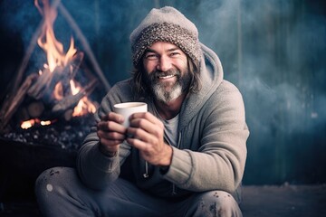 Man sipping cocoa in a beanie on Christmas