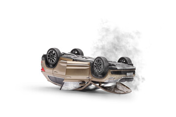 Car crash, upside down SUV with smoke and broken windows