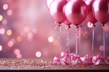 Poster party, balloons  ,birthday cake with candles ,happy birthday pink background © nataliya_ua