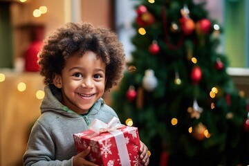 Child receives gift at Christmas - obrazy, fototapety, plakaty