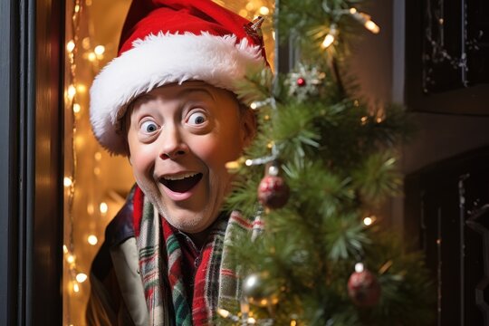 Boy Listens To Christmas Carolers At Door