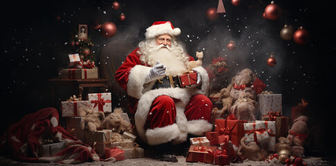 santa claus with christmas presents and christmas presents, in the style of emotive body language, photobash - obrazy, fototapety, plakaty