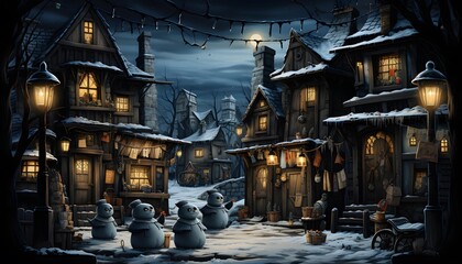 Winter village at night with wooden houses and lanterns. 3d render