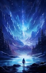 Fantasy winter landscape with frozen lake and forest